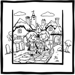 A whimsical black and white illustration depicting two children playing joyfully in a medieval setting