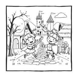 A whimsical black and white illustration depicting two children playing joyfully in a medieval setting