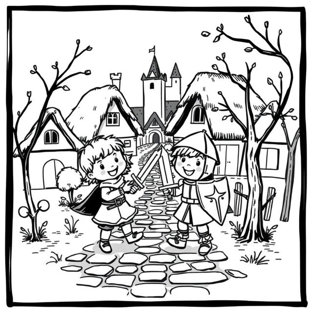 A whimsical black and white illustration depicting two children playing joyfully in a medieval setting