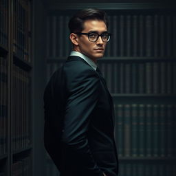 A medium-height man named Ethan stands with his back to a bookshelf in a dimly lit library