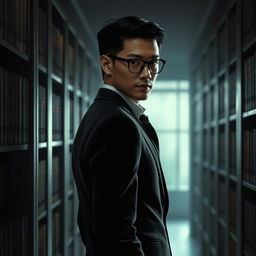 A medium-height man named Ethan stands with his back to a bookshelf in a dimly lit library