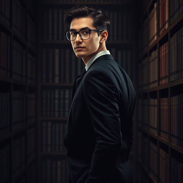 A medium-height man named Ethan stands with his back to a bookshelf in a dimly lit library