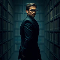 A medium-height man named Ethan stands with his back to a bookshelf in a dimly lit library