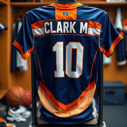 A vibrant and stylish sports jersey featuring the number 10, with the name 'Clark M' prominently displayed on the back