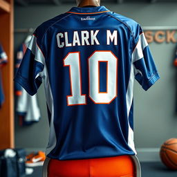 A vibrant and stylish sports jersey featuring the number 10, with the name 'Clark M' prominently displayed on the back