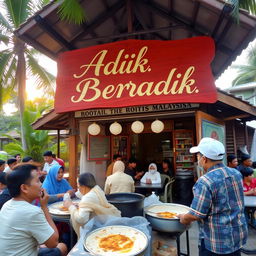 A picturesque scene of a Malay Muslim Warung selling Roti Canai, prominently featuring a wooden sign painted with the words 'Adik Beradik' in beautiful calligraphy