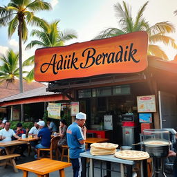 A picturesque scene of a Malay Muslim Warung selling Roti Canai, prominently featuring a wooden sign painted with the words 'Adik Beradik' in beautiful calligraphy