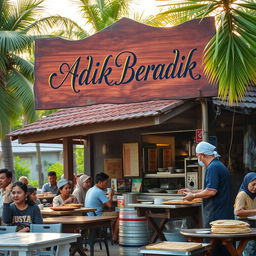 A picturesque scene of a Malay Muslim Warung selling Roti Canai, prominently featuring a wooden sign painted with the words 'Adik Beradik' in beautiful calligraphy