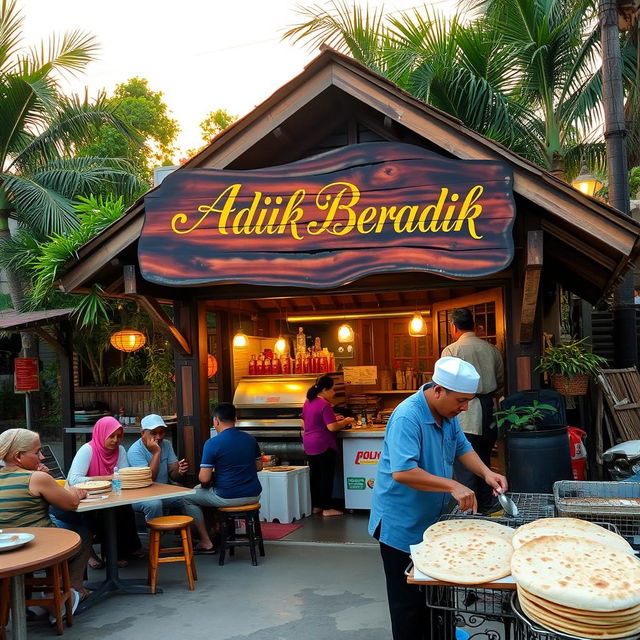 A picturesque scene of a Malay Muslim Warung selling Roti Canai, prominently featuring a wooden sign painted with the words 'Adik Beradik' in beautiful calligraphy