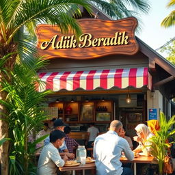 A charming scene of a Malay Muslim Warung specializing in Roti Canai, featuring a prominently displayed wooden sign that reads 'Adik Beradik' in elegant lettering