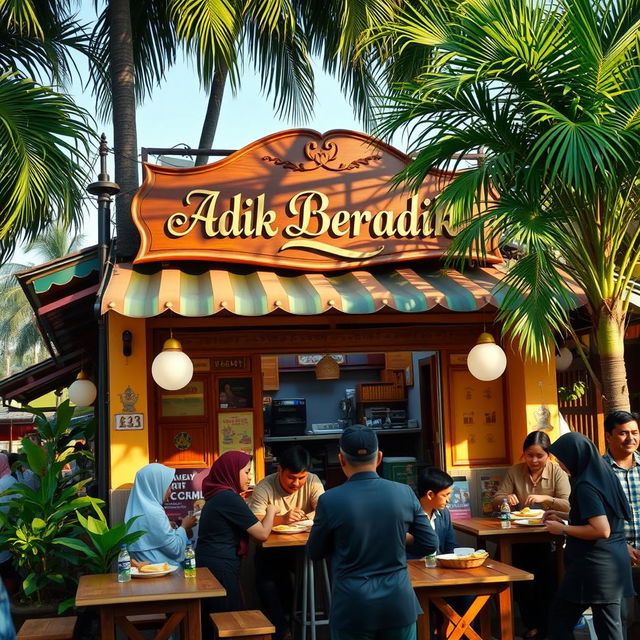 A charming scene of a Malay Muslim Warung specializing in Roti Canai, featuring a prominently displayed wooden sign that reads 'Adik Beradik' in elegant lettering