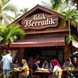 A charming scene of a Malay Muslim Warung specializing in Roti Canai, featuring a prominently displayed wooden sign that reads 'Adik Beradik' in elegant lettering