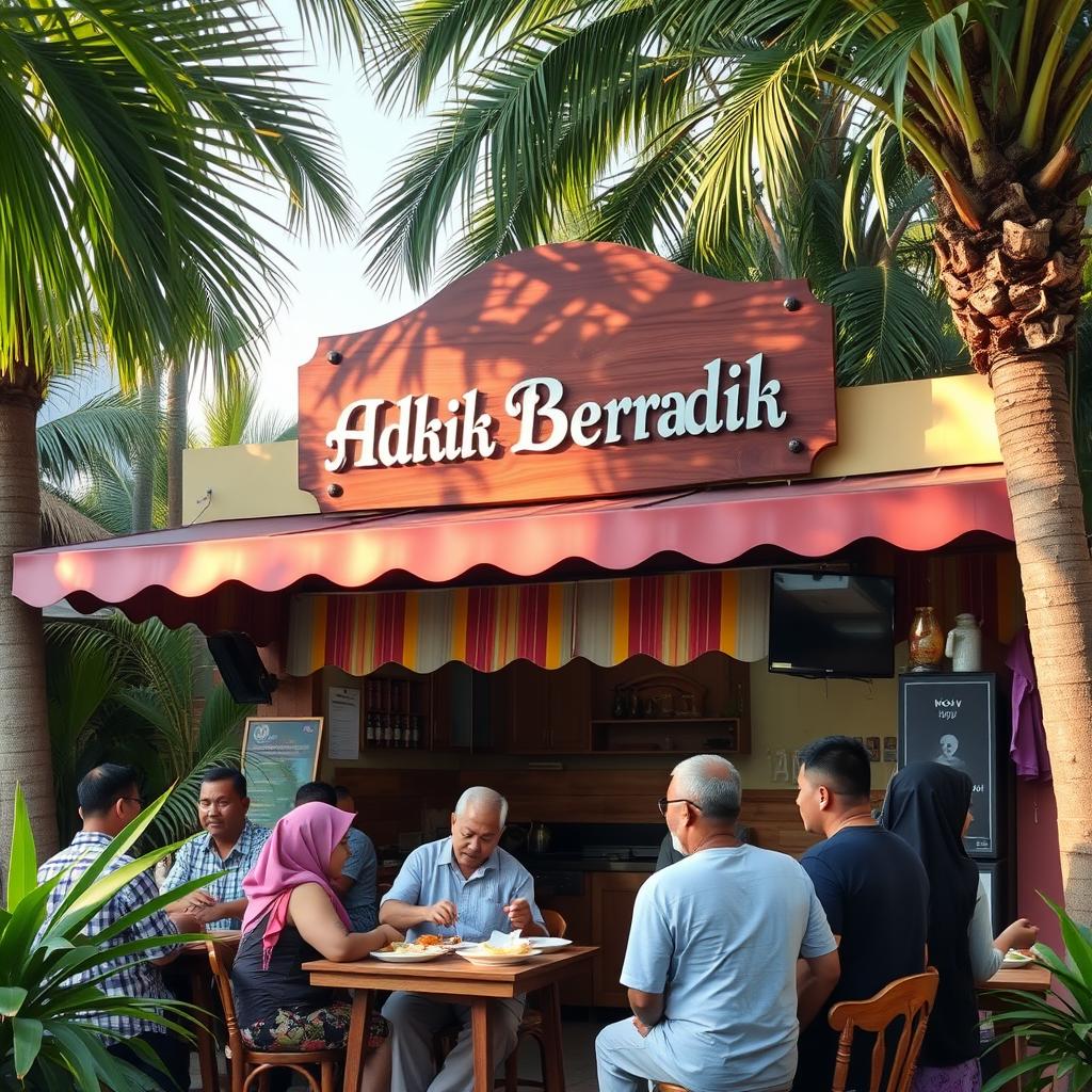 A charming scene of a Malay Muslim Warung specializing in Roti Canai, featuring a prominently displayed wooden sign that reads 'Adik Beradik' in elegant lettering