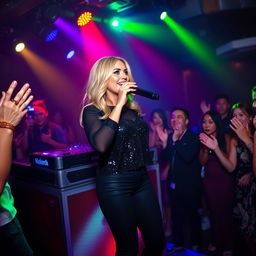 An engaging nightclub scene featuring Dayna Wynter, a 39-year-old attractive white woman, passionately addressing the crowd while speaking into a microphone on stage