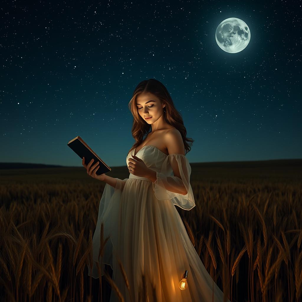 A mysterious and alluring woman standing under a starlit night sky, holding an ebook in one hand while the other hand gently brushes through golden wheat fields