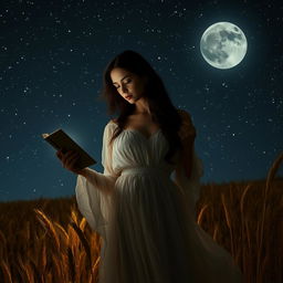 A mysterious and alluring woman standing under a starlit night sky, holding an ebook in one hand while the other hand gently brushes through golden wheat fields