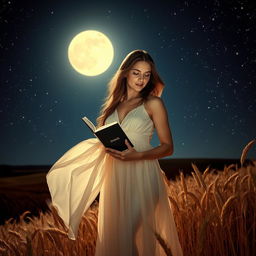 A mysterious and alluring woman standing under a starlit night sky, holding an ebook in one hand while the other hand gently brushes through golden wheat fields