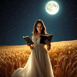 A mysterious and alluring woman standing under a starlit night sky, holding an ebook in one hand while the other hand gently brushes through golden wheat fields
