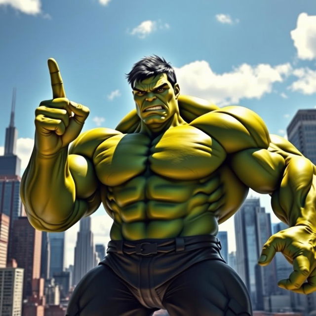 A powerful, green-skinned superhero known as the Hulk, standing in a confident pose holding up two fingers in a victory sign