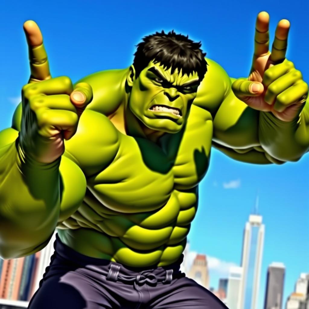 A powerful, green-skinned superhero known as the Hulk, standing in a confident pose holding up two fingers in a victory sign