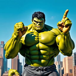 A powerful, green-skinned superhero known as the Hulk, standing in a confident pose holding up two fingers in a victory sign