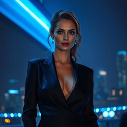 A stylish woman in a glamorous outfit, standing under the night sky
