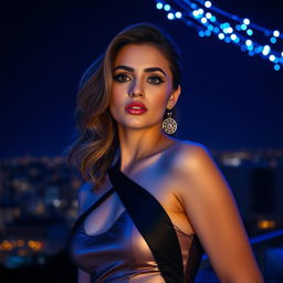 A stylish woman in a glamorous outfit, standing under the night sky