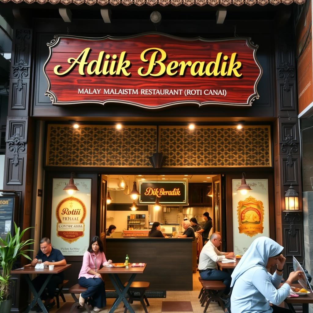A beautifully detailed exterior view of a Malay Muslim restaurant serving Roti Canai, with a welcoming atmosphere