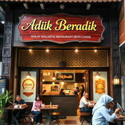 A beautifully detailed exterior view of a Malay Muslim restaurant serving Roti Canai, with a welcoming atmosphere