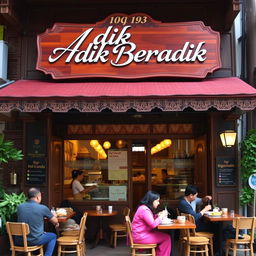 A beautifully detailed exterior view of a Malay Muslim restaurant serving Roti Canai, with a welcoming atmosphere