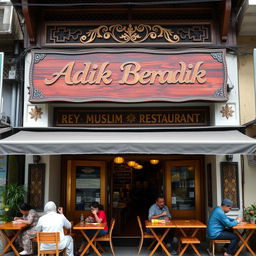 A beautifully detailed exterior view of a Malay Muslim restaurant serving Roti Canai, with a welcoming atmosphere