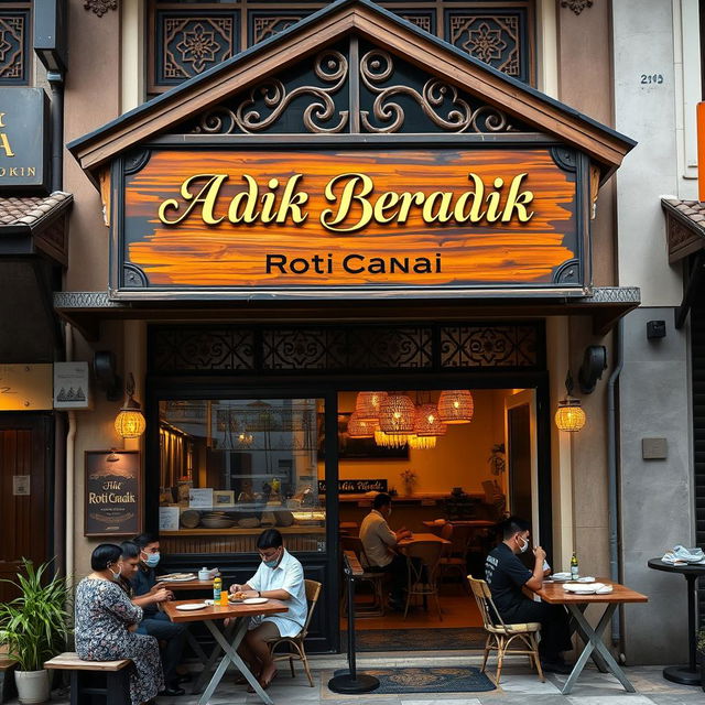 A beautifully detailed exterior view of a Malay Muslim restaurant serving Roti Canai, with a welcoming atmosphere