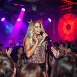 A captivating nightclub scene featuring Dayna Wynter, a 39-year-old attractive white woman, confidently speaking into a microphone while standing at the front of a vibrant stage