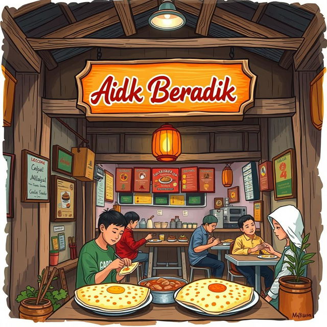 A charming depiction of a Malay Muslim eatery, or warung, specializing in Roti Canai