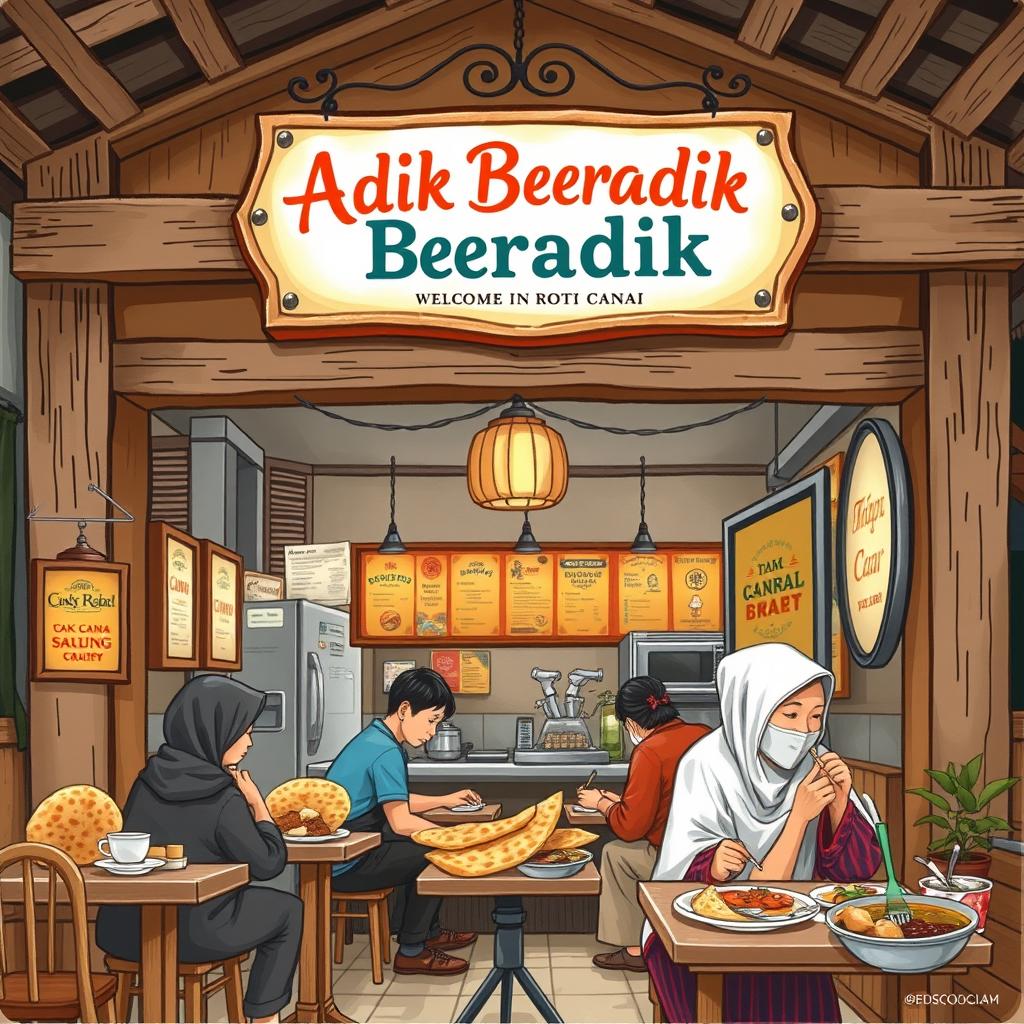 A charming depiction of a Malay Muslim eatery, or warung, specializing in Roti Canai