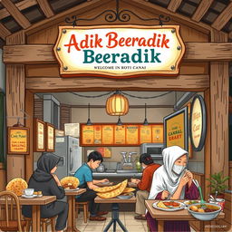 A charming depiction of a Malay Muslim eatery, or warung, specializing in Roti Canai