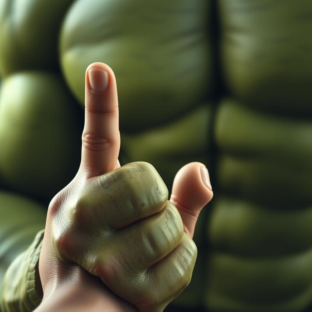 A close-up of a powerful, muscular Hulk character using only two fingers to gently hold a human hand, showcasing the contrast in size and strength