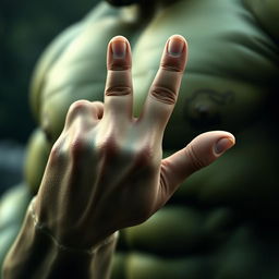 A close-up of a powerful, muscular Hulk character using only two fingers to gently hold a human hand, showcasing the contrast in size and strength