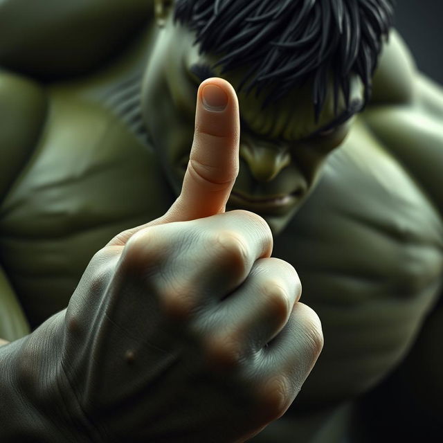 A close-up of a powerful, muscular Hulk character using only two fingers to gently hold a human hand, showcasing the contrast in size and strength