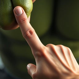 A close-up of a powerful, muscular Hulk character using only two fingers to gently hold a human hand, showcasing the contrast in size and strength