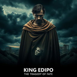 A dramatic movie poster for a film adaptation of 'King Edipo', featuring a brooding, regal figure at the center, embodying King Oedipus in a classic Greek style cape, with a haunting expression of sorrow and realization