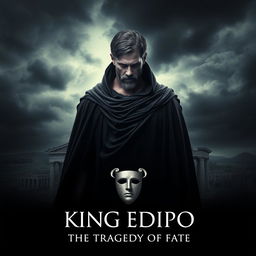 A dramatic movie poster for a film adaptation of 'King Edipo', featuring a brooding, regal figure at the center, embodying King Oedipus in a classic Greek style cape, with a haunting expression of sorrow and realization