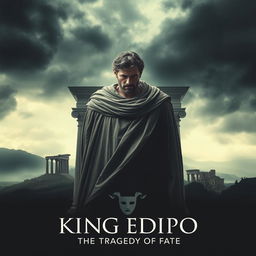 A dramatic movie poster for a film adaptation of 'King Edipo', featuring a brooding, regal figure at the center, embodying King Oedipus in a classic Greek style cape, with a haunting expression of sorrow and realization