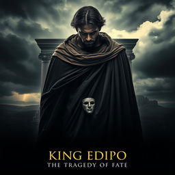 A dramatic movie poster for a film adaptation of 'King Edipo', featuring a brooding, regal figure at the center, embodying King Oedipus in a classic Greek style cape, with a haunting expression of sorrow and realization