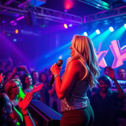 A vibrant nightclub scene featuring Dayna Wynter, a 39-year-old attractive white woman, confidently addressing the crowd from the front of a dynamic stage