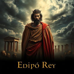 A dramatic movie poster for a film adaptation of 'King Edipo', featuring a central figure of King Oedipus in an elaborate Greek robe, embodying a powerful yet tragic expression of guilt and despair