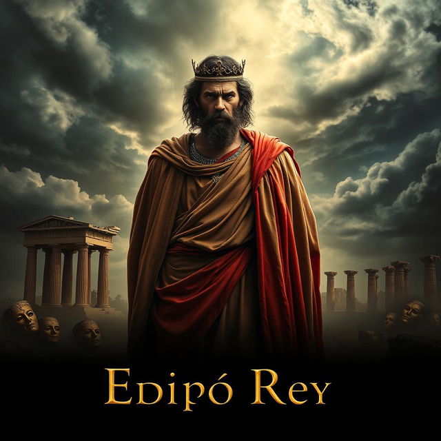 A dramatic movie poster for a film adaptation of 'King Edipo', featuring a central figure of King Oedipus in an elaborate Greek robe, embodying a powerful yet tragic expression of guilt and despair