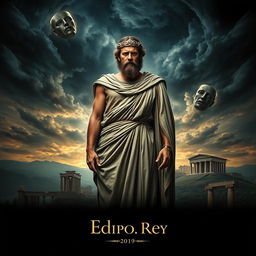 A dramatic movie poster for a film adaptation of 'King Edipo', featuring a central figure of King Oedipus in an elaborate Greek robe, embodying a powerful yet tragic expression of guilt and despair