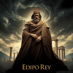 A dramatic movie poster for a film adaptation of 'King Edipo', featuring a central figure of King Oedipus in an elaborate Greek robe, embodying a powerful yet tragic expression of guilt and despair