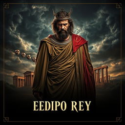 A dramatic movie poster for a film adaptation of 'King Edipo', featuring a central figure of King Oedipus in an elaborate Greek robe, embodying a powerful yet tragic expression of guilt and despair